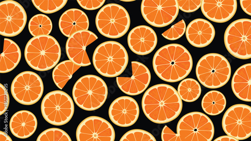 A vibrant seamless pattern composed of numerous juicy orange slices and segments, scattered dynamically across a contrasting dark black background, creating a bold and appetizing design.