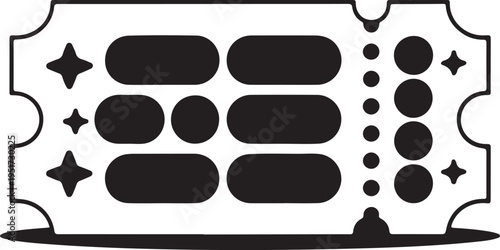 Black and white vector illustration of a perforated event ticket with stars and rounded rectangular details, ideal for web design, apps, and print media.