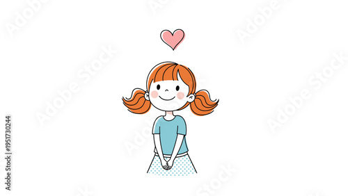 Adorable illustration of a smiling cartoon girl with orange pigtails, wearing a blue shirt and polka dot skirt, with a pink heart floating above her head, on a white background.