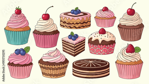 A mouth-watering collection of various cupcakes and small cakes, elegantly decorated with creamy frosting, fresh blueberries, strawberries, and cherries, for a sweet celebration.