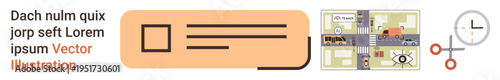 Urban design, construction layout, transportation systems, scheduling, city planning, project management. A layout with a map, clock and icons for urban planning. Urban design and construction