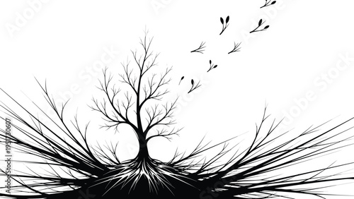 A striking black and white illustration of a stylized bare tree with dramatic, exposed roots spreading outwards, and abstract leaves gracefully falling and flying away into the distance.