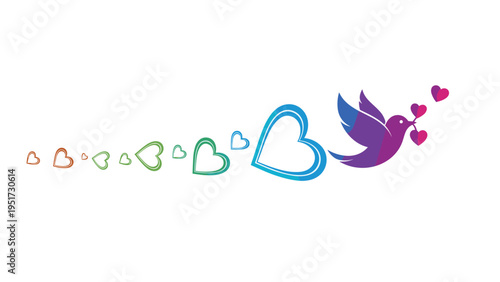 A vibrant and whimsical illustration of a colorful bird in flight, carrying heart-shaped leaves in its beak, leaving a trail of progressively larger, multi-colored hearts behind it.