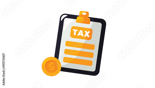 Clipboard with TAX form and gold coin symbol for financial obligations and payment icons. featuring money, currency, finance with invoice and