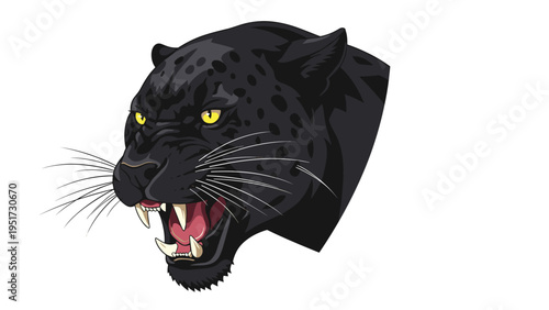 Powerful and intense illustration of a snarling black panther head with piercing yellow eyes and sharp fangs, showcasing its fierce and predatory nature, on a white background.