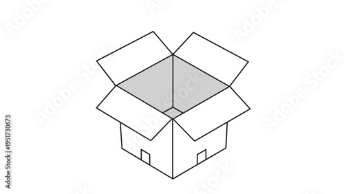 Simple 3D line drawing of an open cardboard box suitable for logistics, packaging, and shipping concept illustrations on a white background.