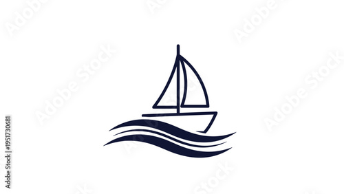 A minimalist and elegant icon illustrating a simple sailboat with its mast and sails, gracefully riding on stylized waves, rendered in a dark blue outline style on a white background.