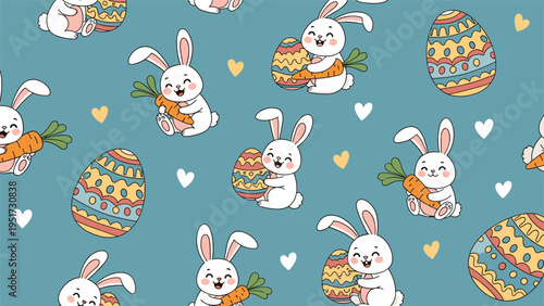 A charming seamless pattern featuring adorable white cartoon bunnies happily holding Easter eggs or carrots, surrounded by small hearts, all set against a soft blue background.