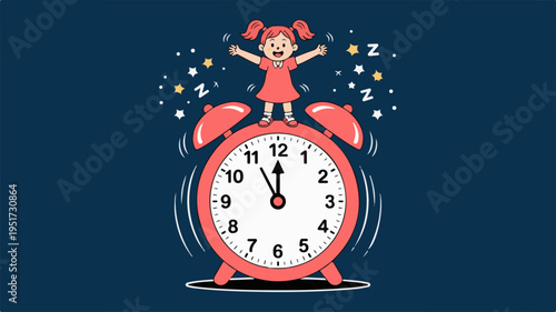 Energetic girl with pigtails jumps excitedly on top of a large, ringing, pink alarm clock indicating midnight or noon time.