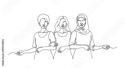 Three diverse women standing together in solidarity illustration.