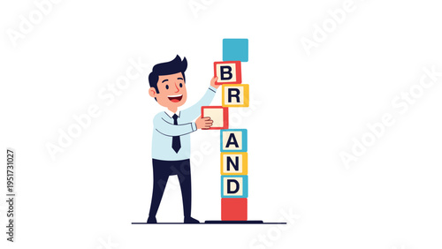 Ambitious businessman building a brand identity by stacking colorful letter blocks to form the word brand in a vertical tower.