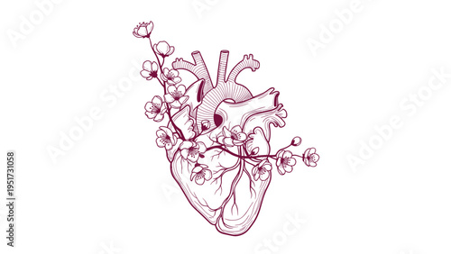 A striking and artistic illustration of an anatomical human heart intertwined with delicate cherry blossoms, rendered in a detailed monochrome line art style on a clean white background.