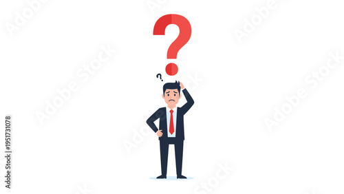 Puzzled businessman looking up at a large red question mark while scratching his head in confusion and uncertainty about a task.