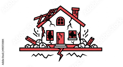 Damaged house illustration showing earthquake destruction and structural damage.