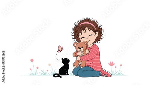 Heartwarming illustration of a happy little girl with curly hair, hugging a teddy bear, while a small black cat watches a delicate butterfly flutter nearby, set in a gentle floral scene.