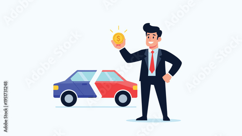 Smiling businessman holding a gold coin standing next to a car cut in half symbolizes auto insurance, car repair, or vehicle financing.