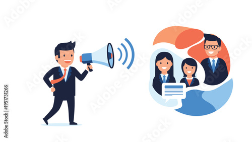 Confident businessman using a megaphone to communicate important messages and lead his diverse professional team in the office.