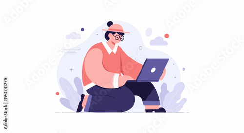 Person in a hat and glasses using a laptop computer, stylized illustration
