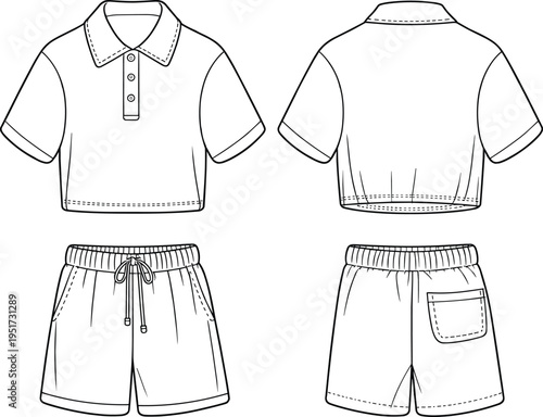 Women polo shirt and drawstring shorts set technical fashion flat front and back casual outfit cad drawing flat vector illustration