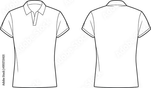 Women Polo Shirt Technical Fashion Flat Sketch, Front and Back View Apparel CAD Template, Short Sleeve Clothing Design Illustration