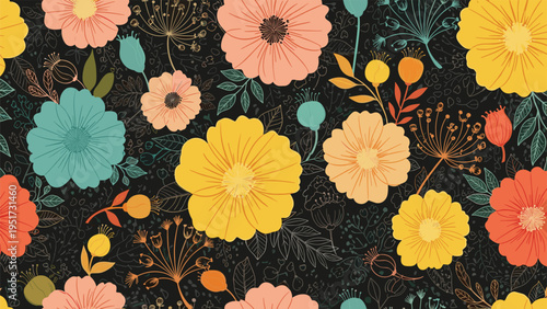 A vibrant seamless pattern featuring an array of colorful abstract flowers and botanical elements in shades of yellow, blue, orange, and pink, gracefully arranged on a dark black background.