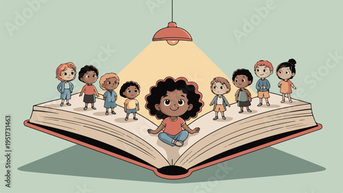 Diverse group of young children stand holding hands around a central meditating girl illuminated by a single hanging lamp on an open storybook.