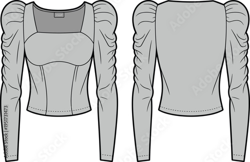 Women puff sleeve blouse template with front and back views for modern fashion apparel design mockup, cad drawing flat vector illustration