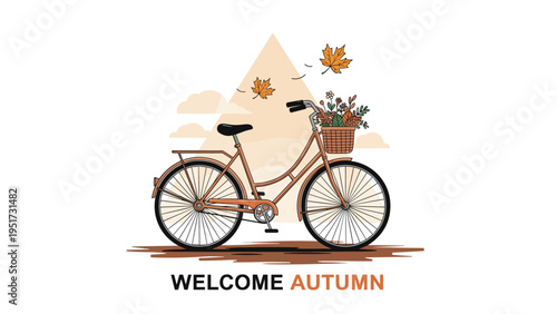 vintage bicycle with a basket full of flowers and autumn leaves standing against a triangle mountain background for a welcome autumn poster.