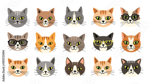 A charming collection of fifteen diverse cartoon cat faces, each with unique fur patterns, eye colors, and some sporting stylish glasses, showcasing a variety of adorable feline personalities.