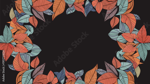 A beautifully arranged oval frame composed of various detailed outline leaves in warm autumn colors like orange, blue, and brown, creating an elegant border on a dark black background.