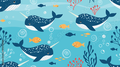 A charming seamless underwater pattern featuring playful narwhals with their distinctive tusks, swimming amongst various colorful fish, corals, and bubbles in a vibrant blue ocean.