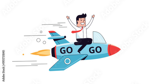 Enthusiastic businessman riding a fast rocket with go go text on its side represents high speed business growth and motivation for success.