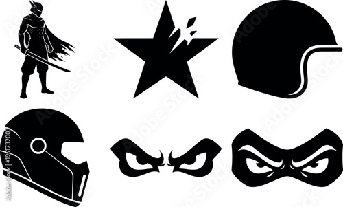 Collection of striking vector icons featuring warriors helmets masks and symbols isolated