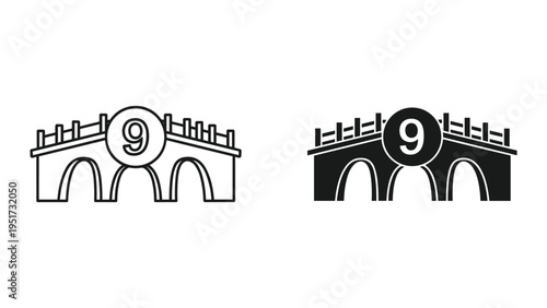 Icon of a bridge with the number nine in a circle, in both outline and solid black styles.