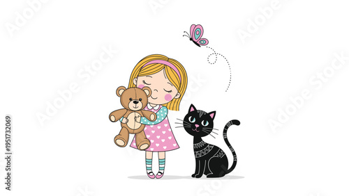 Heartwarming illustration of a happy little girl with blonde hair, hugging a teddy bear, while a small black cat watches a delicate butterfly flutter nearby, on a clean white background.