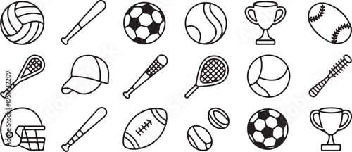 sports line icons grid of balls bats rackets and trophies