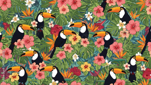 A vibrant seamless pattern showcasing exotic toucans perched amidst lush tropical foliage and colorful hibiscus flowers, creating a dense and lively jungle scene.