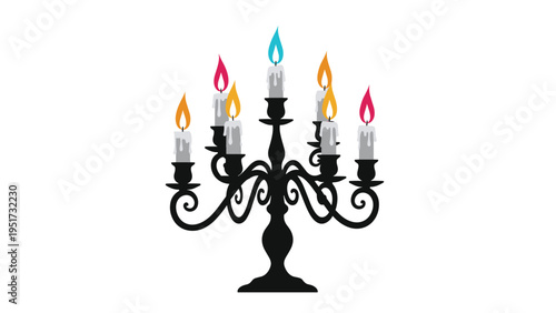 A classic and elegant candelabra, crafted in black wrought iron with ornate swirls, holding eight lit candles with colorful flames in blue, pink, orange, and yellow, on a white background.