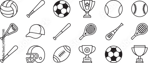 sports icons line art set of sports equipment and trophies