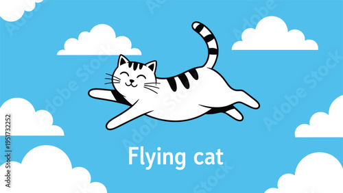 Cute cartoon cat with stripes is happily flying in a blue sky surrounded by fluffy white clouds, representing freedom and joy.