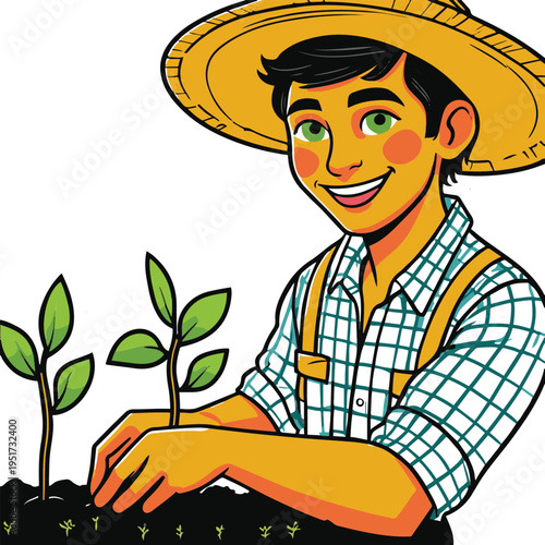 Colorful bold line art sticker of a farmer planting seedlings in a row, thick outline, minimal composition, white background 1