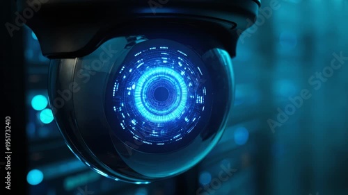 Futuristic AI Surveillance Security Camera with Glowing Digital Iris