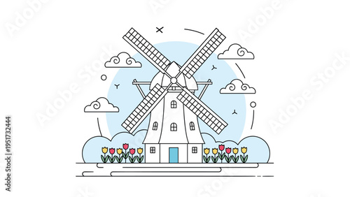 line art illustration of a traditional windmill surrounded by colorful tulips and clouds under a blue sky for a netherlands or spring theme.
