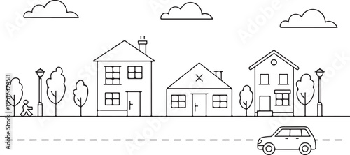 neighborhood street scene with three houses trees car and walker