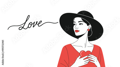 Fashionable woman with a large black hat and red lipstick, holding a red heart, with the word Love in script, on a white background.