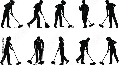 Silhouettes of people sweeping and cleaning with brooms and dustpans, representing household chores, hygiene, and manual labor activities