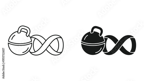 Kettlebell and Infinity Symbol Duo: Line Art and Solid Icon for Fitness and Limitless Potential