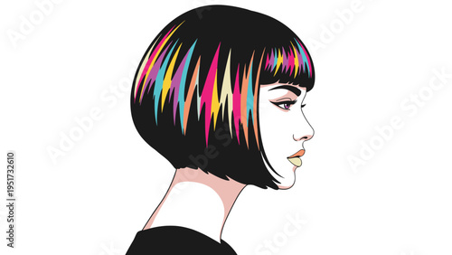 Side profile portrait of a stylish woman with a short bob haircut featuring vibrant rainbow-colored highlights, isolated on a white background.