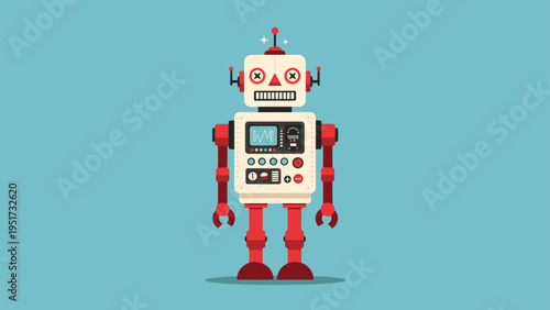 Retro style mechanical toy robot standing on a blue background with various colorful buttons and dials on its chest for vintage charm.