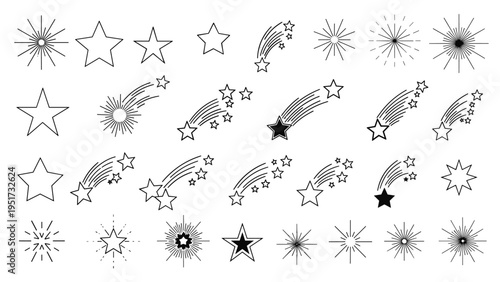 Comprehensive set of star icons in various styles, including outlined stars, solid stars, starbursts, and shooting stars, ideal for design elements.